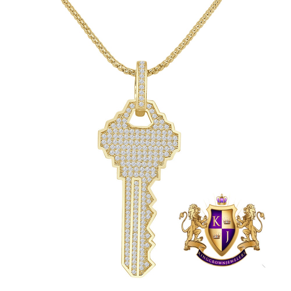 Men's Authentic Real Italian Sterling Silver Simulated Diamond 14K Gold Over Custom City Key Pendent Padlock Charm 2.5''