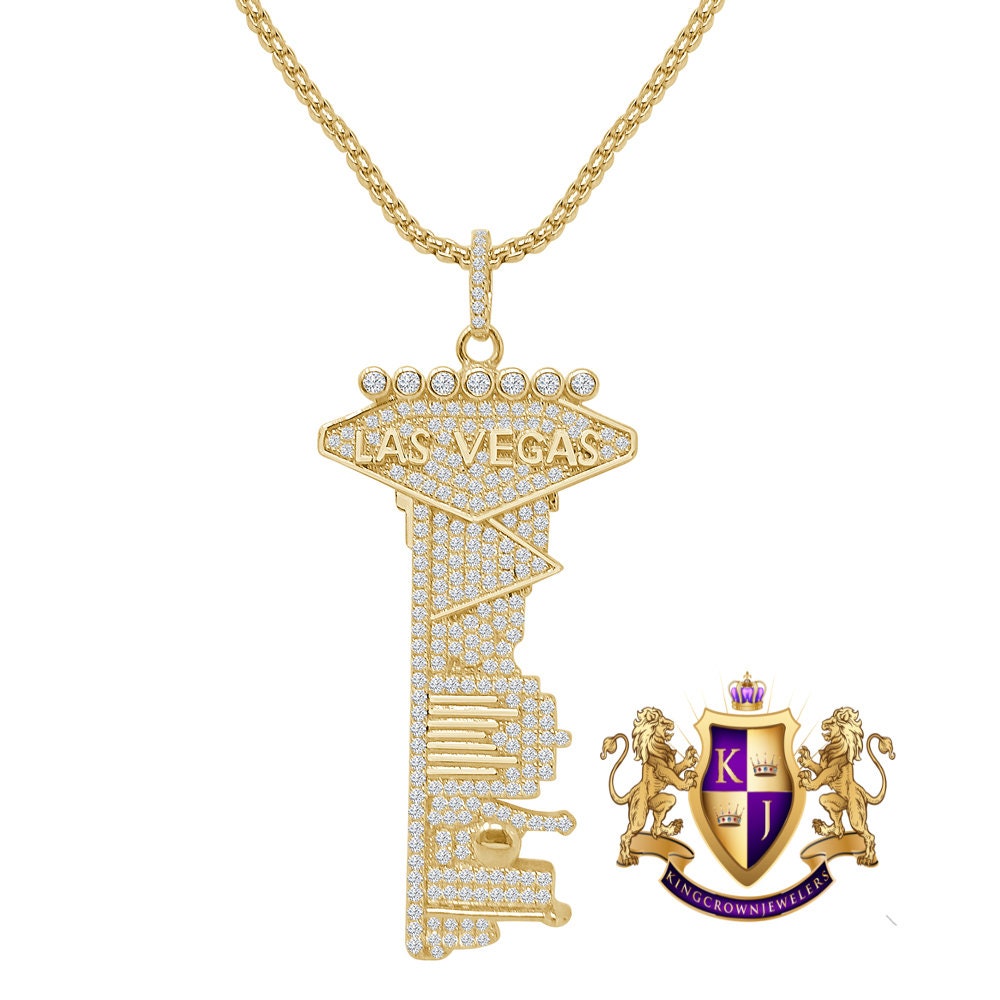 Las Vegas City Key Real Sterling Silver Simulated Diamond Men's Custom Pendent Charm 2.5''