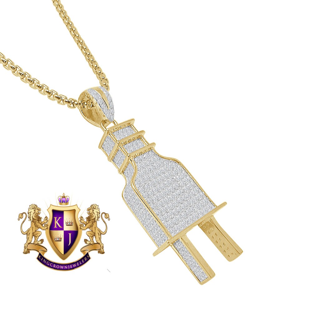 3D 14K Real Gold Over Genuine Sterling Silver Simulated Diamond Electric Plug Socket Pendent Men's Charm 2''