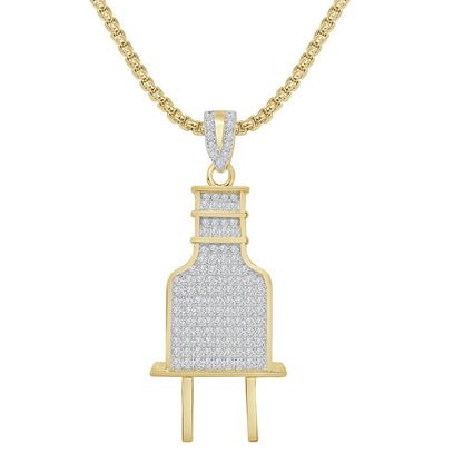 3D 14K Real Gold Over Genuine Sterling Silver Simulated Diamond Electric Plug Socket Pendent Men's Charm 2''