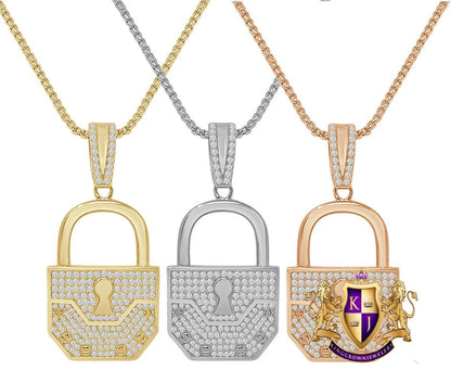 Genuine Sterling Silver 14K Real Gold Over Simulated Diamond Padlock Key Custom Pendent Men's Charm 2.25''