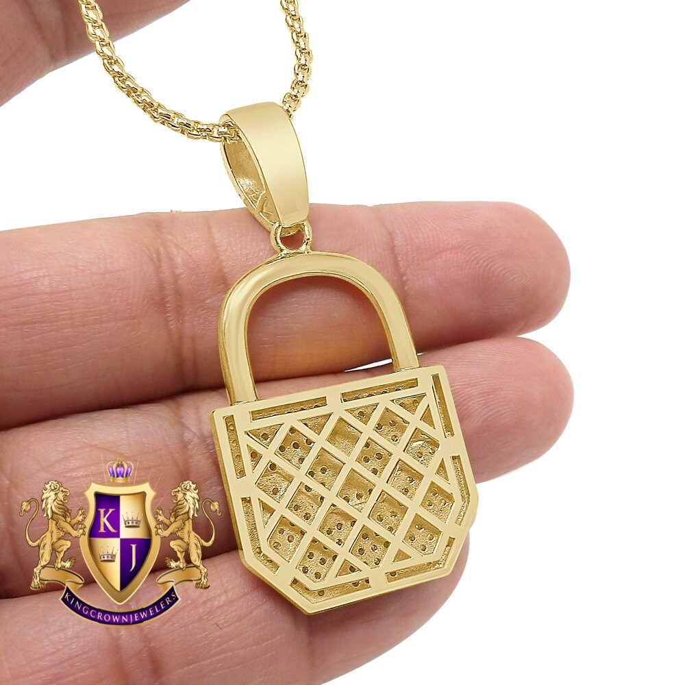 Genuine Sterling Silver 14K Real Gold Over Simulated Diamond Padlock Key Custom Pendent Men's Charm 2.25''