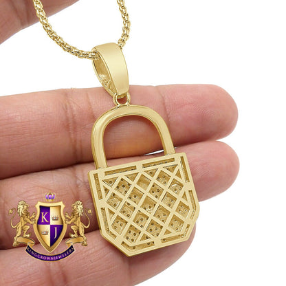 Genuine Sterling Silver 14K Real Gold Over Simulated Diamond Padlock Key Custom Pendent Men's Charm 2.25''