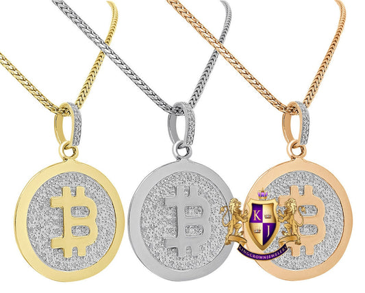 Real Genuine Diamond Bitcoin Money Currency 10K Gold Finish Mini Round Pendent Charm Chain Set 1.50''