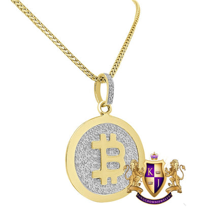Real Genuine Diamond Bitcoin Money Currency 10K Gold Finish Mini Round Pendent Charm Chain Set 1.50''