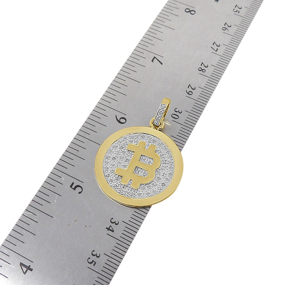 Real Genuine Diamond Bitcoin Money Currency 10K Gold Finish Mini Round Pendent Charm Chain Set 1.50''