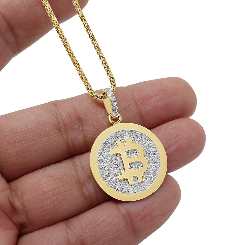 Real Genuine Diamond Bitcoin Money Currency 10K Gold Finish Mini Round Pendent Charm Chain Set 1.50''
