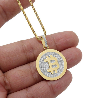 Real Genuine Diamond Bitcoin Money Currency 10K Gold Finish Mini Round Pendent Charm Chain Set 1.50''