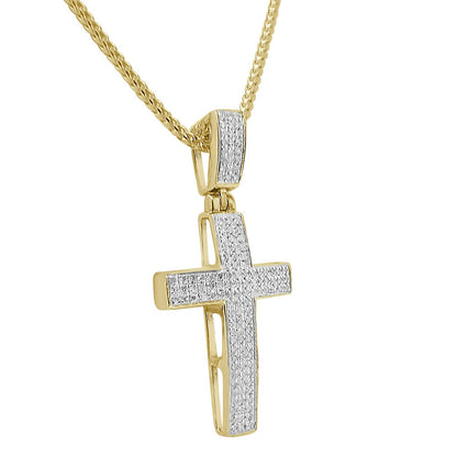 Real Genuine Diamond 0.75 Cwt. Mini Jesus Cross Pendent 10K Gold Over 3D Charm Chain Set 1.40''