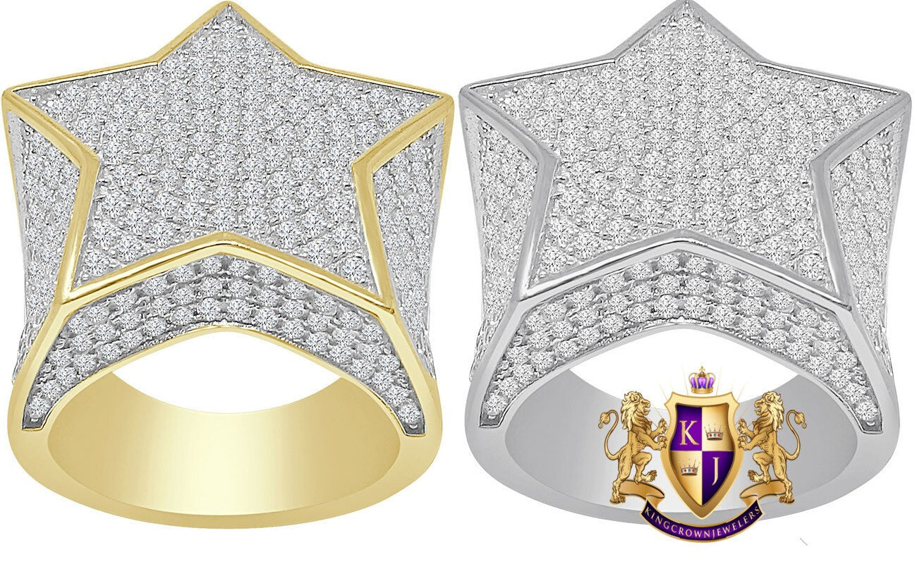 Big Bold XL 24 + Grams Heavy Real Sterling Silver 14K Gold Over 4.00 Cwt. Simulated Diamond Star Shape Men's Ring Band