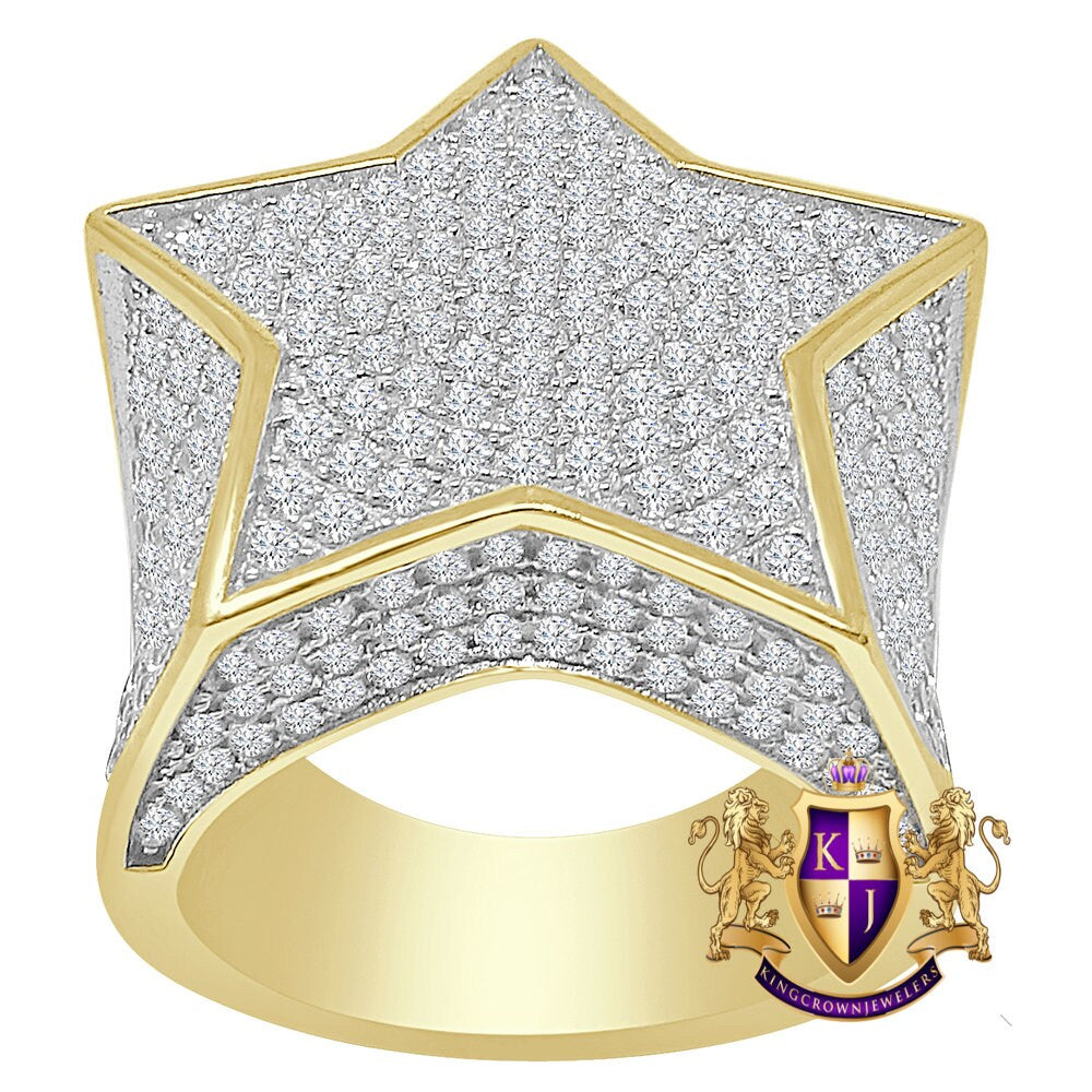 Big Bold XL 24 + Grams Heavy Real Sterling Silver 14K Gold Over 4.00 Cwt. Simulated Diamond Star Shape Men's Ring Band