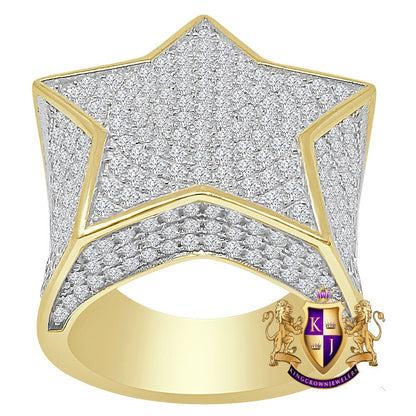 Big Bold XL 24 + Grams Heavy Real Sterling Silver 14K Gold Over 4.00 Cwt. Simulated Diamond Star Shape Men's Ring Band