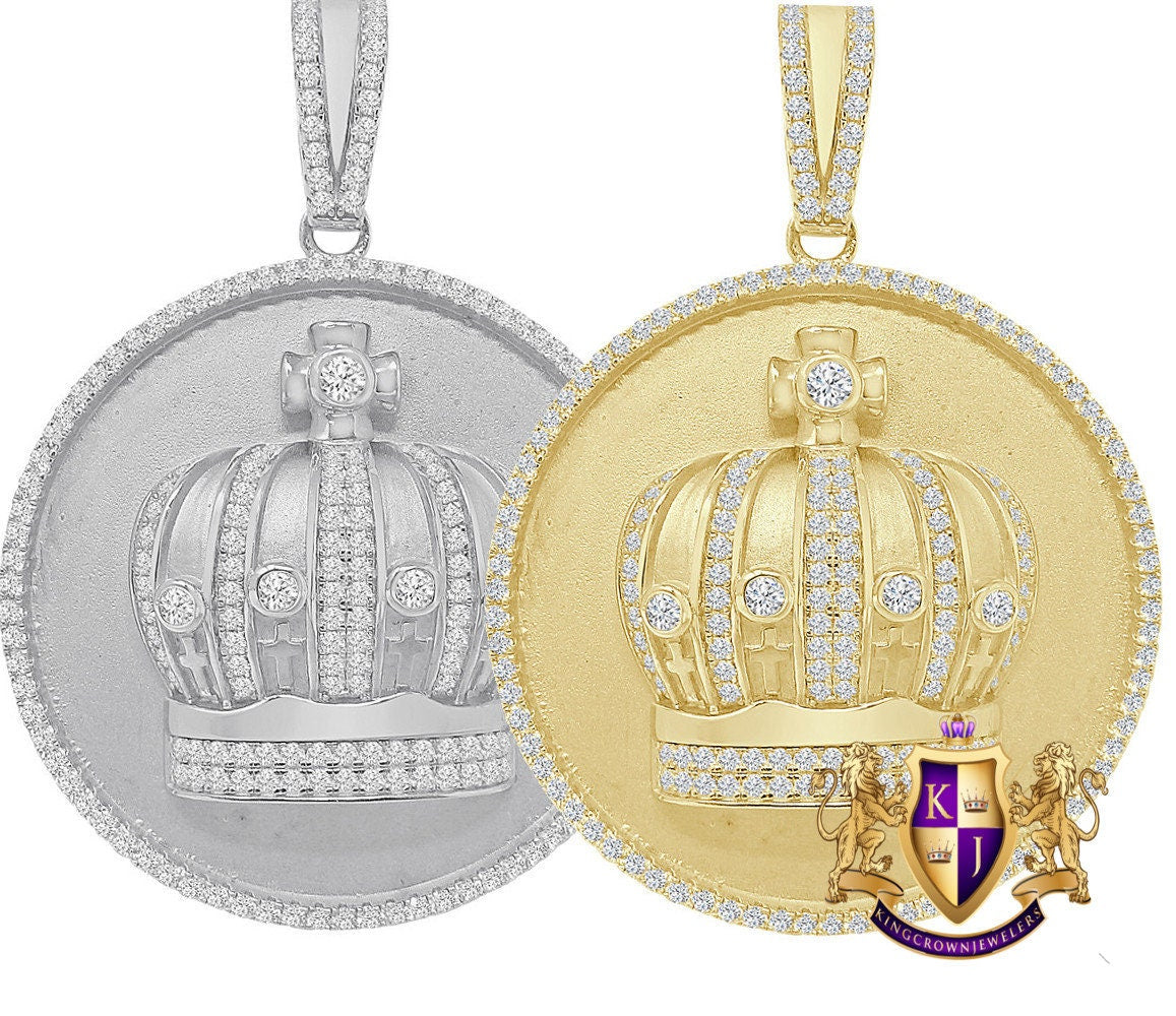 25+ Grams Men's Genuine Sterling Silver 14K Gold Over 2.00 Cwt. Simulated Diamond Kings Crown Cross Round Medallion Pendent Charm Big 2.5''