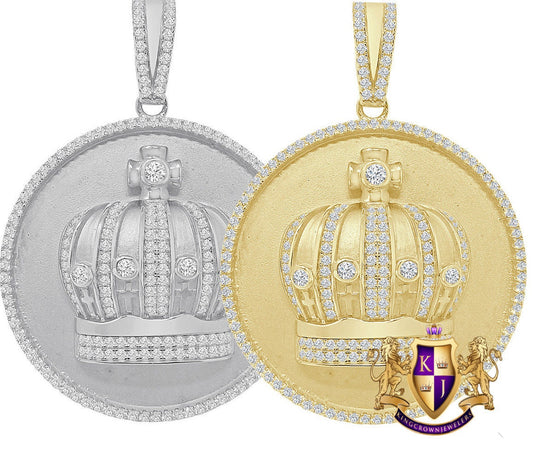 25+ Grams Men's Genuine Sterling Silver 14K Gold Over 2.00 Cwt. Simulated Diamond Kings Crown Cross Round Medallion Pendent Charm Big 2.5''
