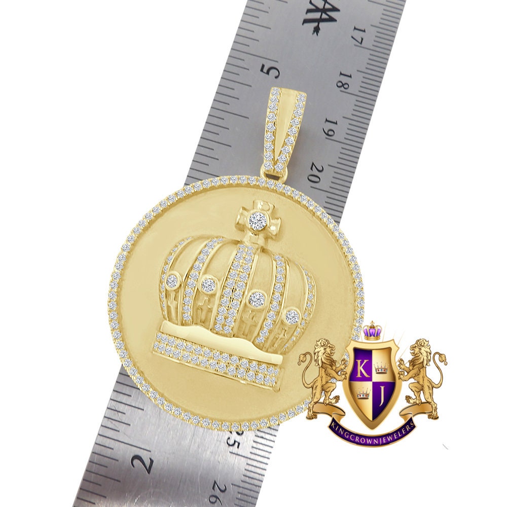 25+ Grams Men's Genuine Sterling Silver 14K Gold Over 2.00 Cwt. Simulated Diamond Kings Crown Cross Round Medallion Pendent Charm Big 2.5''
