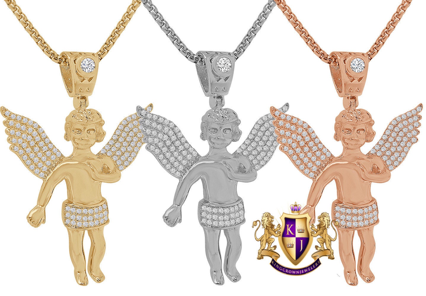 14K Gold Finish Simulated Diamond Mini Angel Piece Religious Charm Pendent Chain Set
