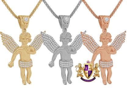 14K Gold Finish Simulated Diamond Mini Angel Piece Religious Charm Pendent Chain Set