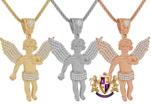 14K Gold Finish Simulated Diamond Mini Angel Piece Religious Charm Pendent Chain Set