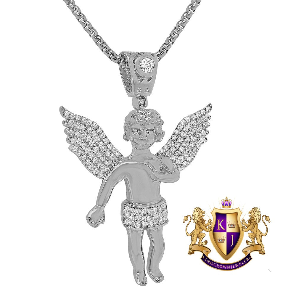 14K Gold Finish Simulated Diamond Mini Angel Piece Religious Charm Pendent Chain Set