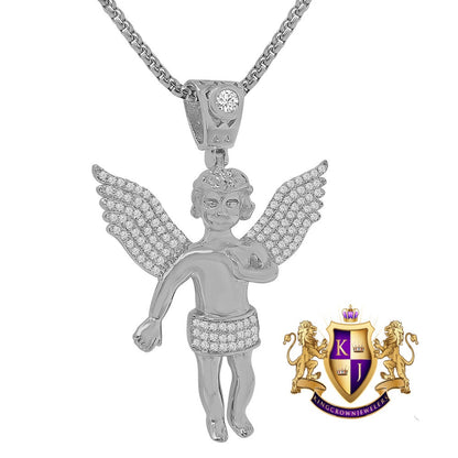 14K Gold Finish Simulated Diamond Mini Angel Piece Religious Charm Pendent Chain Set