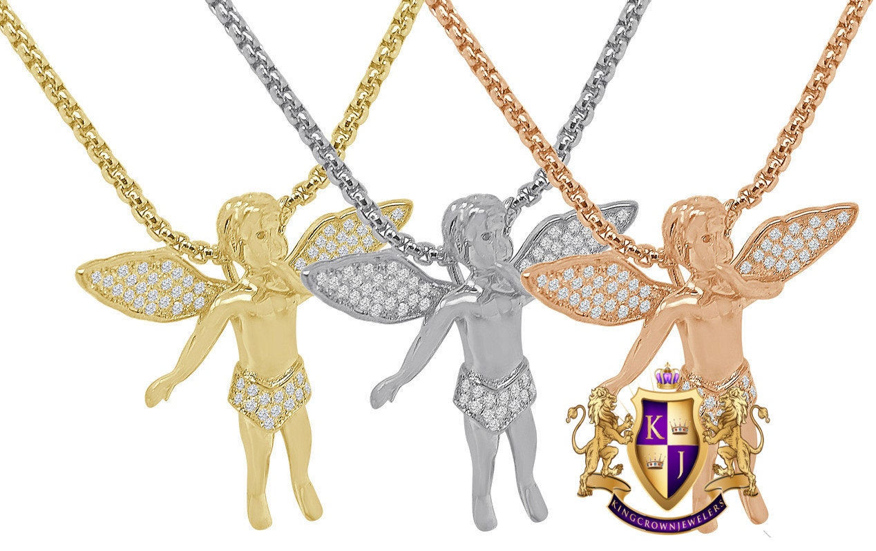 Unisex 14K Gold Finish Simulated Diamond Mini Angel Piece Religious Charm Pendent Chain Set