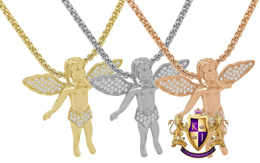 Unisex 14K Gold Finish Simulated Diamond Mini Angel Piece Religious Charm Pendent Chain Set