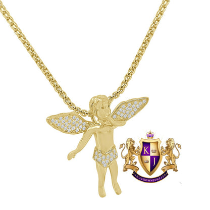 Unisex 14K Gold Finish Simulated Diamond Mini Angel Piece Religious Charm Pendent Chain Set
