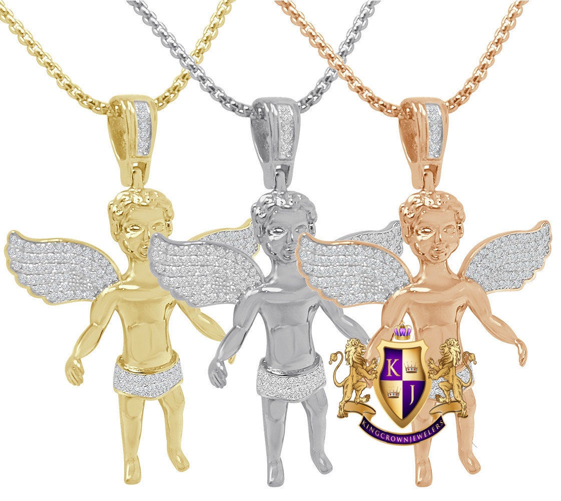 Mini Angel Piece Unisex 14K Gold Finish Simulated Diamond Religious Charm Pendent Chain Set 1.80''