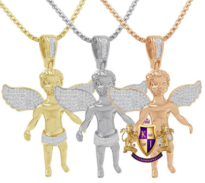 Mini Angel Piece Unisex 14K Gold Finish Simulated Diamond Religious Charm Pendent Chain Set 1.80''