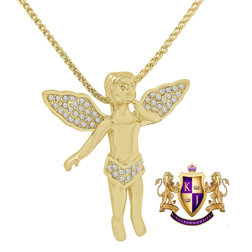 2'' Angel Piece Unisex 14K Gold Finish Simulated Diamond Religious Charm Pendent Chain Set
