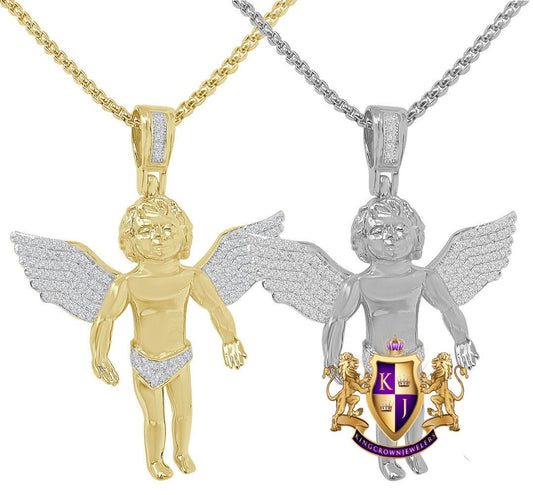 Unisex 2.25'' Angel Piece Unisex 14K Gold Finish Simulated Diamond Religious Charm Pendent Chain Set