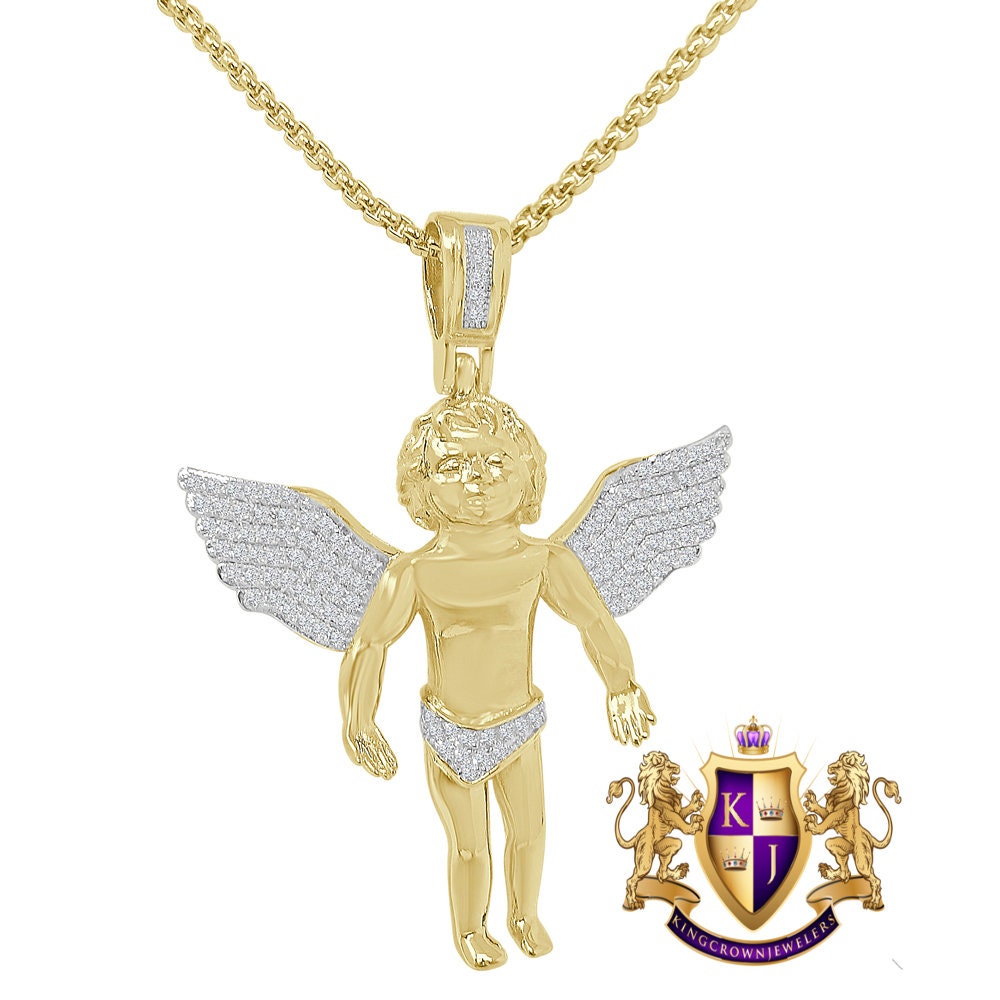 Unisex 2.25'' Angel Piece Unisex 14K Gold Finish Simulated Diamond Religious Charm Pendent Chain Set