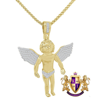 Unisex 2.25'' Angel Piece Unisex 14K Gold Finish Simulated Diamond Religious Charm Pendent Chain Set