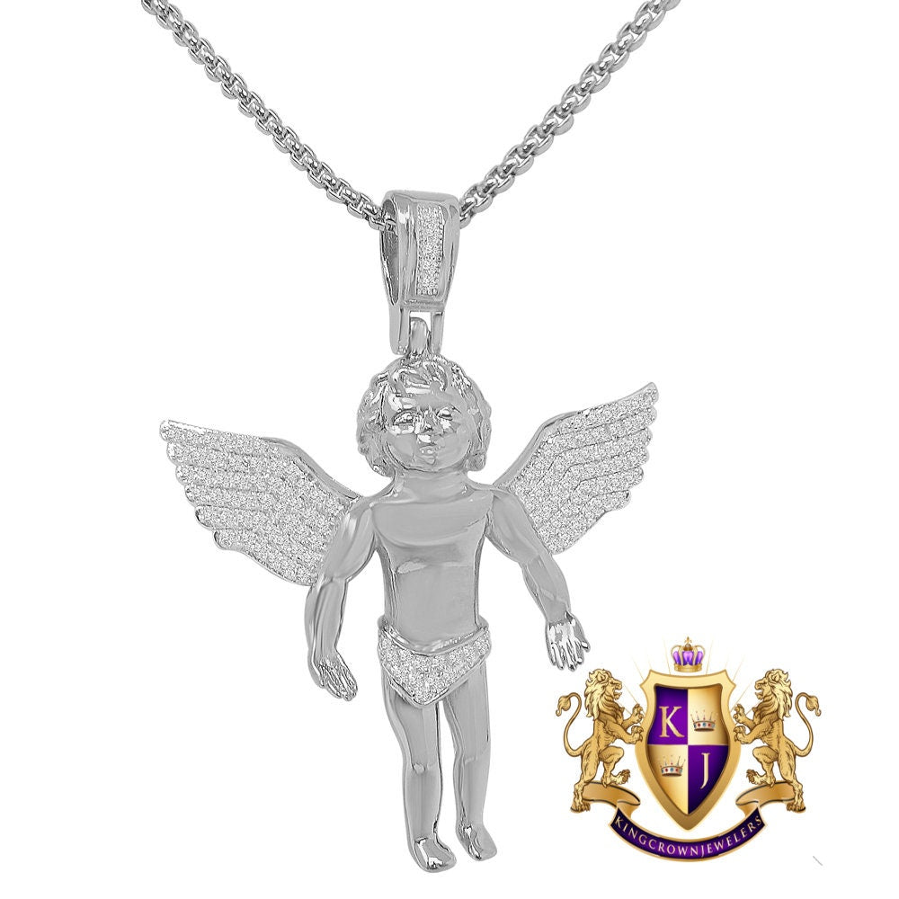 Unisex 2.25'' Angel Piece Unisex 14K Gold Finish Simulated Diamond Religious Charm Pendent Chain Set