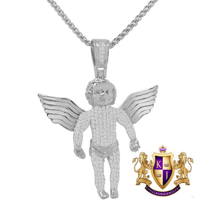 2.5'' 14K Gold Finish Simulated Diamond Angel Piece Religious Charm Pendent Chain Set Unisex