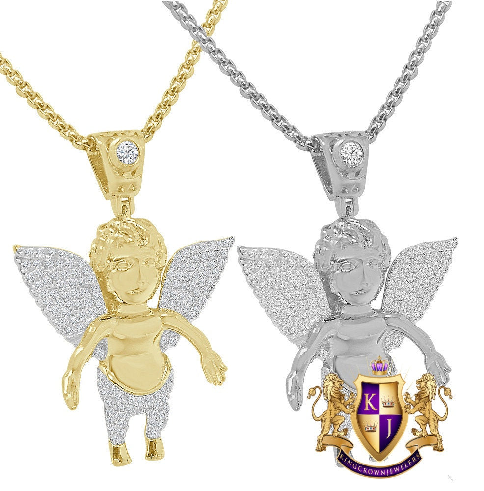 Baby Angel Piece Unisex 14K Gold Finish Simulated Diamond Religious Charm Pendent Chain Set Unisex 2''