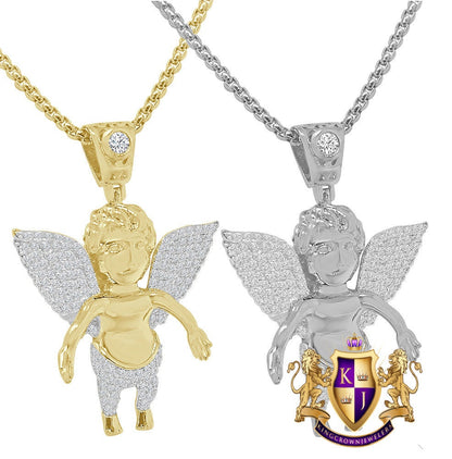 Baby Angel Piece Unisex 14K Gold Finish Simulated Diamond Religious Charm Pendent Chain Set Unisex 2''