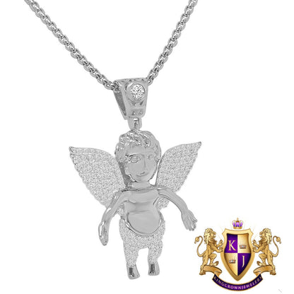 Baby Angel Piece Unisex 14K Gold Finish Simulated Diamond Religious Charm Pendent Chain Set Unisex 2''
