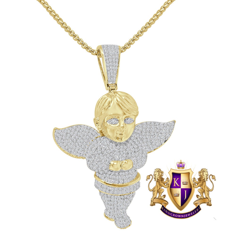 2.75'' Holy Religious Charm 14K Gold Over Simulated Diamond Angel Pendent Chain Set Unisex