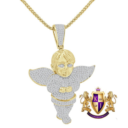 2.75'' Holy Religious Charm 14K Gold Over Simulated Diamond Angel Pendent Chain Set Unisex