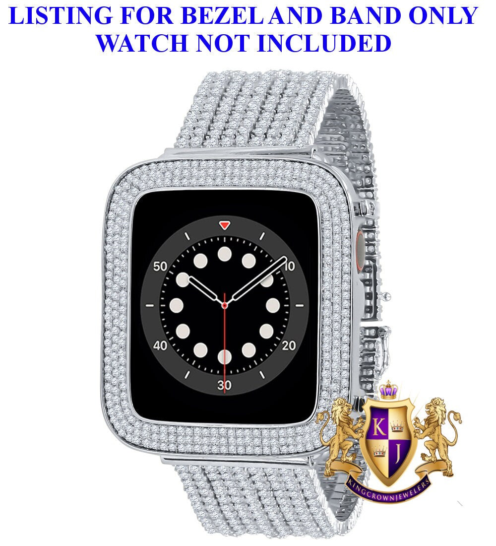 14K White Gold Finish Micro Pave Simulated Diamond 12 Cwt. Apple Watch Bezel 44 mm Fit Series # 4,5,6 Custom Cover Case + Matching Band