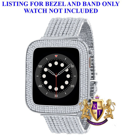14K White Gold Finish Micro Pave Simulated Diamond 12 Cwt. Apple Watch Bezel 44 mm Fit Series # 4,5,6 Custom Cover Case + Matching Band