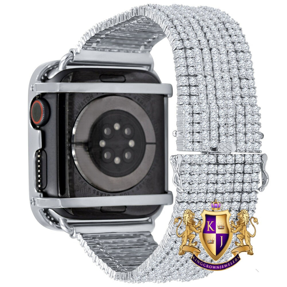14K White Gold Finish Micro Pave Simulated Diamond 12 Cwt. Apple Watch Bezel 44 mm Fit Series # 4,5,6 Custom Cover Case + Matching Band