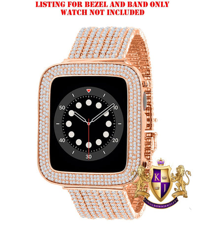 14K Rose Gold Finish Micro Pave Simulated Diamond 12 Cwt. Apple Watch Bezel 44 mm Fit Series # 4,5,6 Custom Cover Case + Matching Band