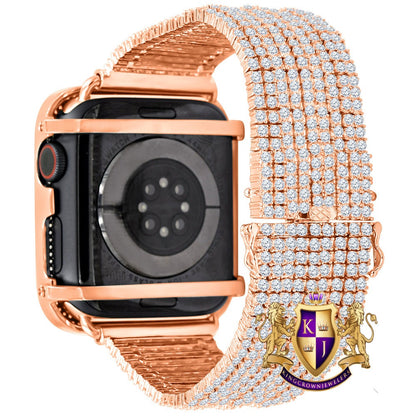 14K Rose Gold Finish Micro Pave Simulated Diamond 12 Cwt. Apple Watch Bezel 44 mm Fit Series # 4,5,6 Custom Cover Case + Matching Band