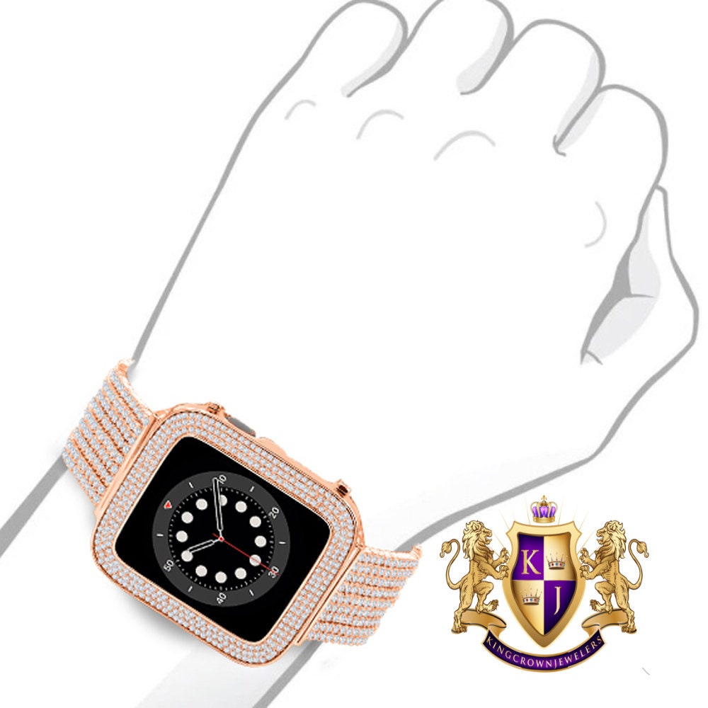 14K Rose Gold Finish Micro Pave Simulated Diamond 12 Cwt. Apple Watch Bezel 44 mm Fit Series # 4,5,6 Custom Cover Case + Matching Band