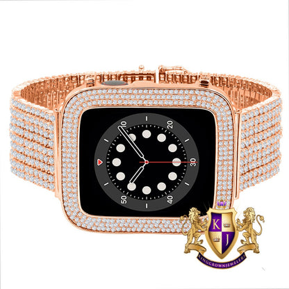 14K Rose Gold Finish Micro Pave Simulated Diamond 12 Cwt. Apple Watch Bezel 44 mm Fit Series # 4,5,6 Custom Cover Case + Matching Band