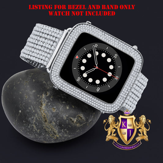 14K White Gold Finish Micro Pave Simulated Diamond 12 Cwt. Apple Watch Bezel 44 mm Fit Series # 4,5,6 Custom Cover Case + Matching Band