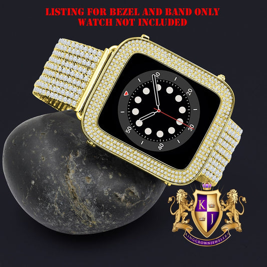 14K Yellow Gold Finish Micro Pave Simulated Diamond 12 Cwt. Apple Watch Bezel 44 mm Fit Series # 4,5,6 Custom Cover Case + Matching Band