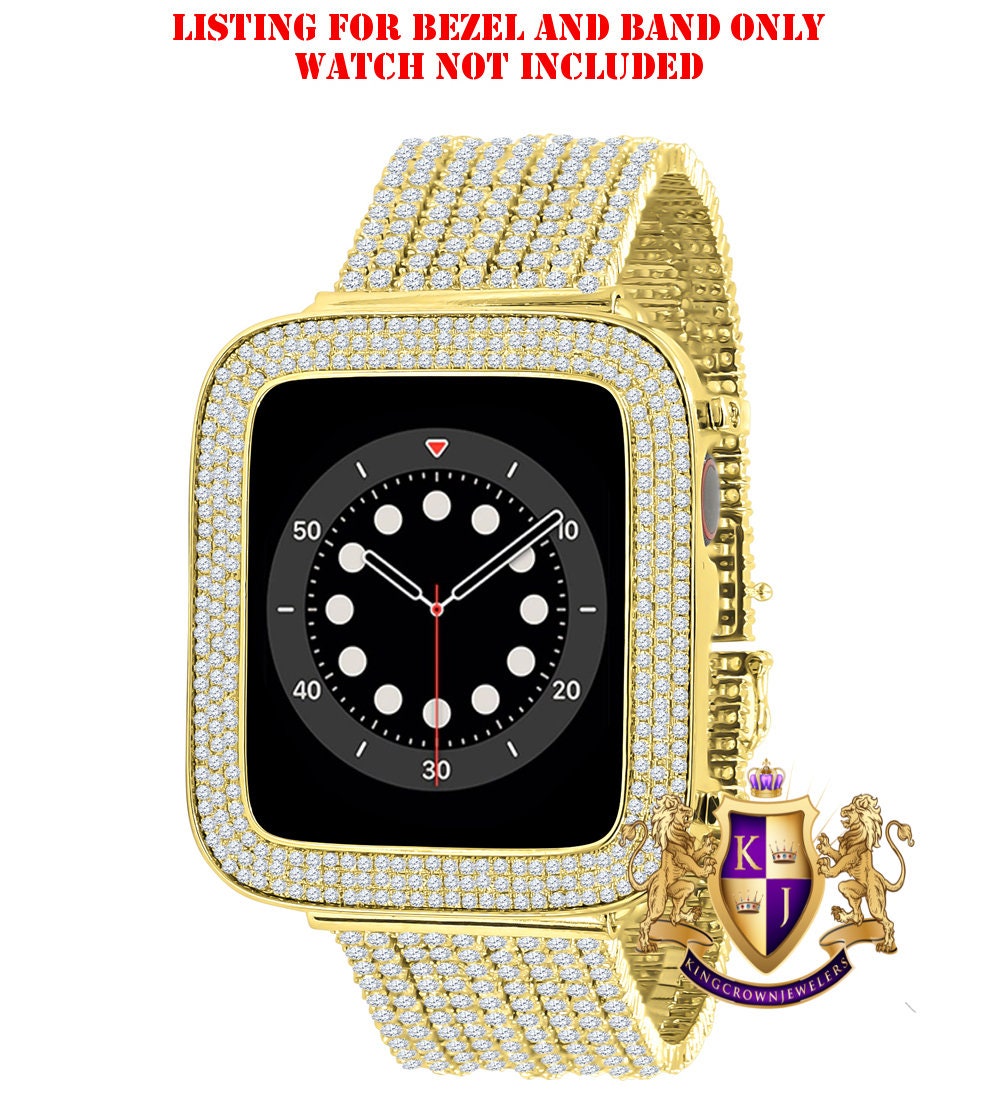 14K Yellow Gold Finish Micro Pave Simulated Diamond 12 Cwt. Apple Watch Bezel 44 mm Fit Series # 4,5,6 Custom Cover Case + Matching Band